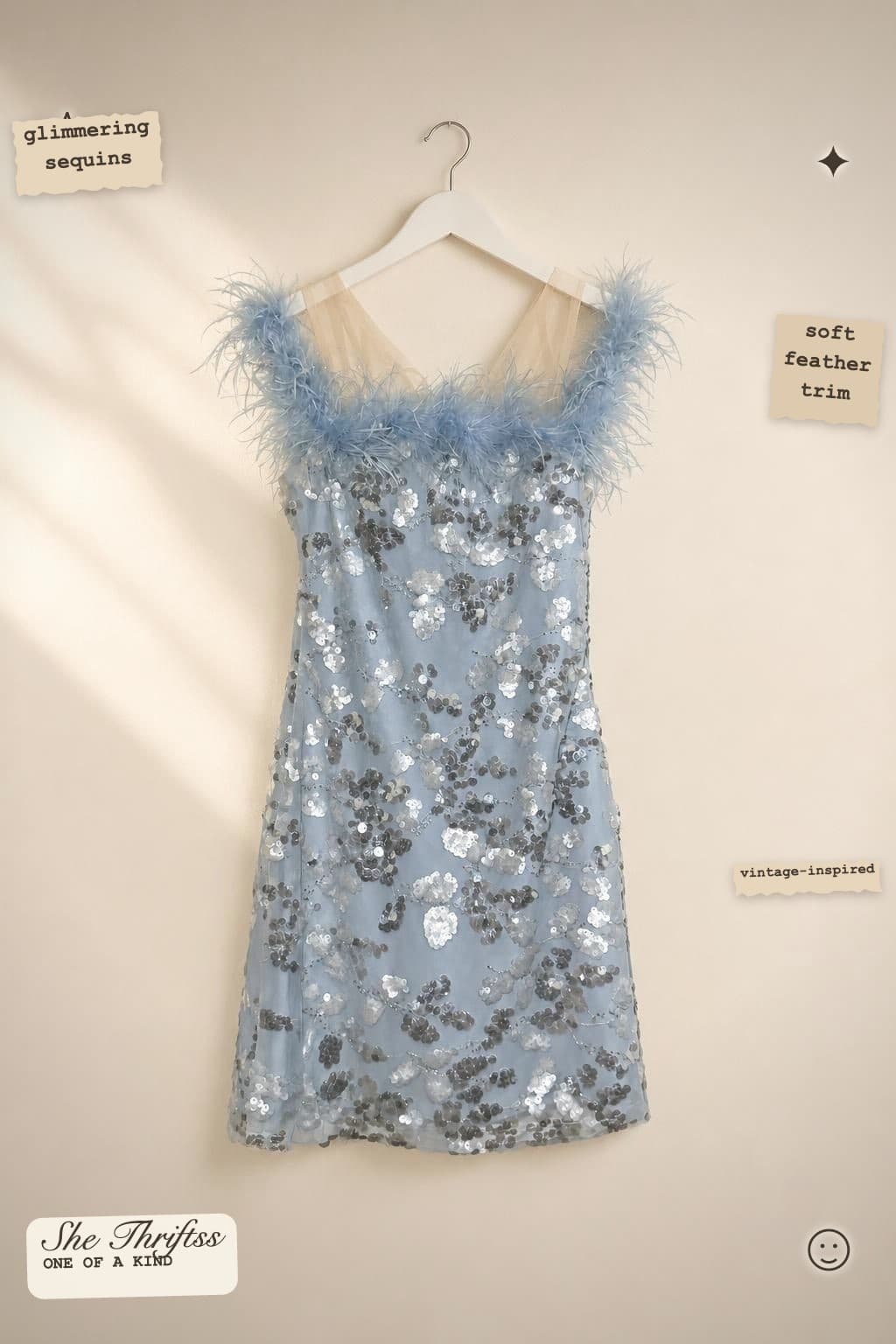 Feather trim sequin dress