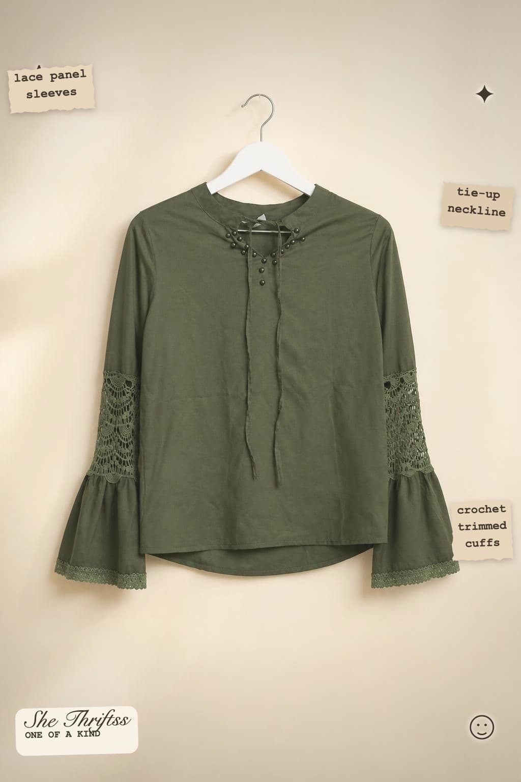 Olive green blouse with lace sleeves
