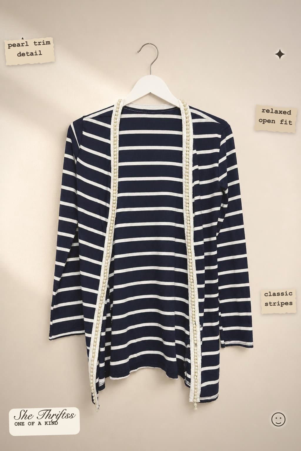 Pearl trim striped cardigan